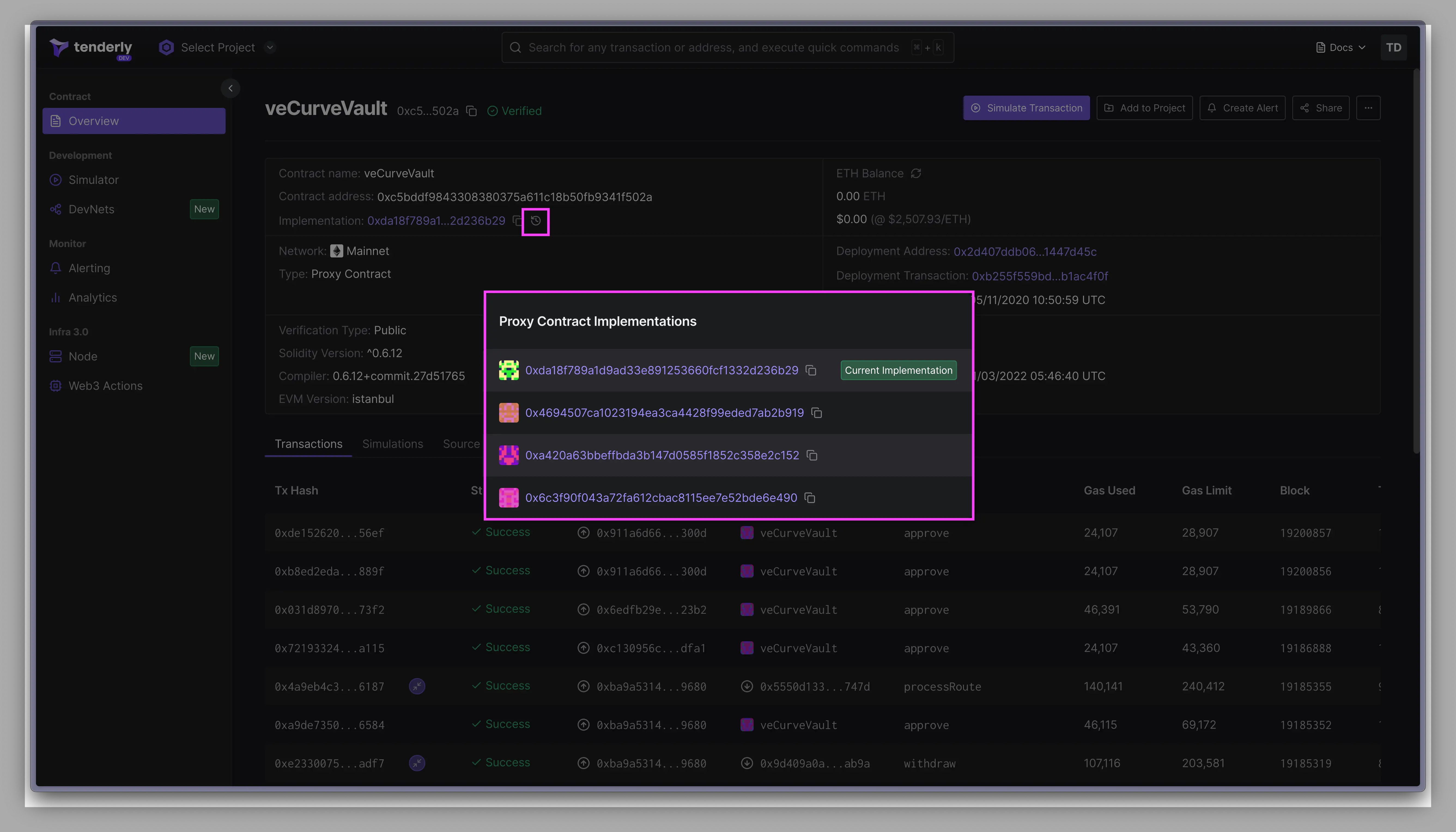 Contract implementation history