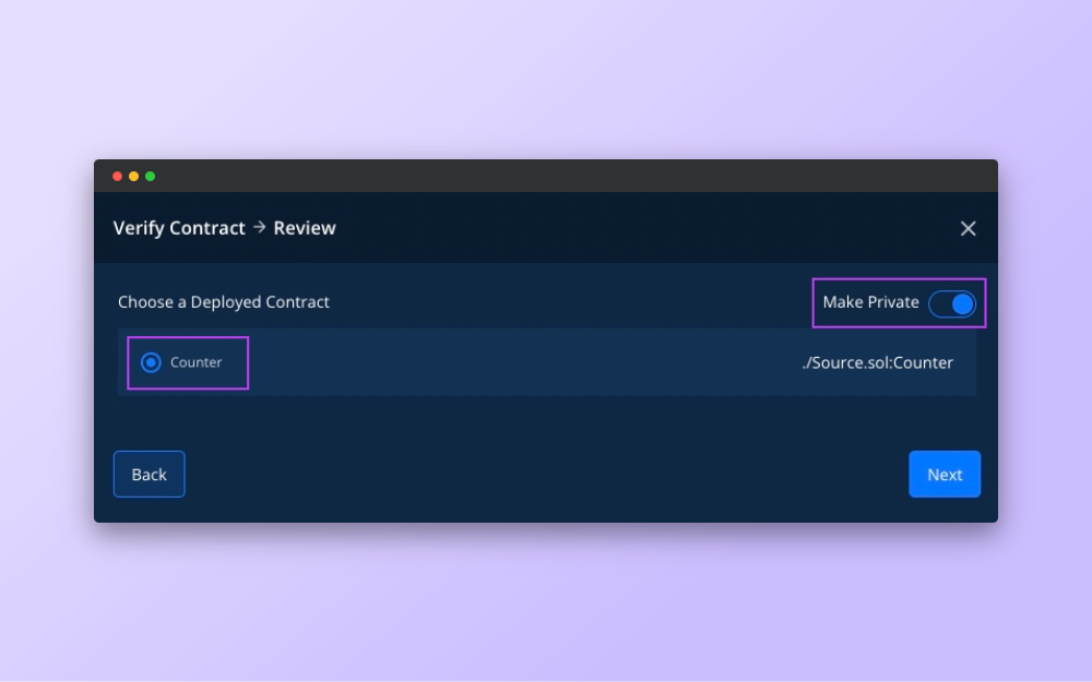 Selecting the mode ("Make Private" switch) and the contract to verify